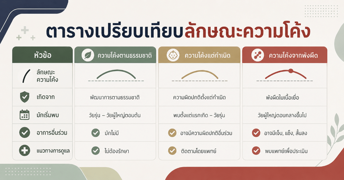 ตารางเปรียบเทียบลักษณะความโค้ง