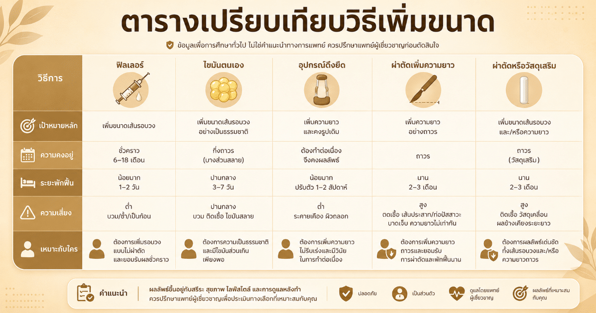 ตารางเปรียบเทียบวิธีเพิ่มขนาด