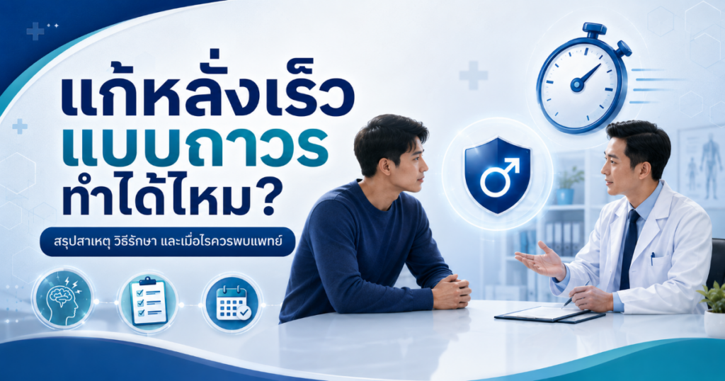 Permanently cure premature ejaculation - eternityclinicdoctorbeer แพทย์กำลังให้คำปรึกษาผู้ป่วยเรื่องปวดหลังในห้องตรวจ บนฉากสีน้ำเงินพร้อมสัญลักษณ์สุขภาพ