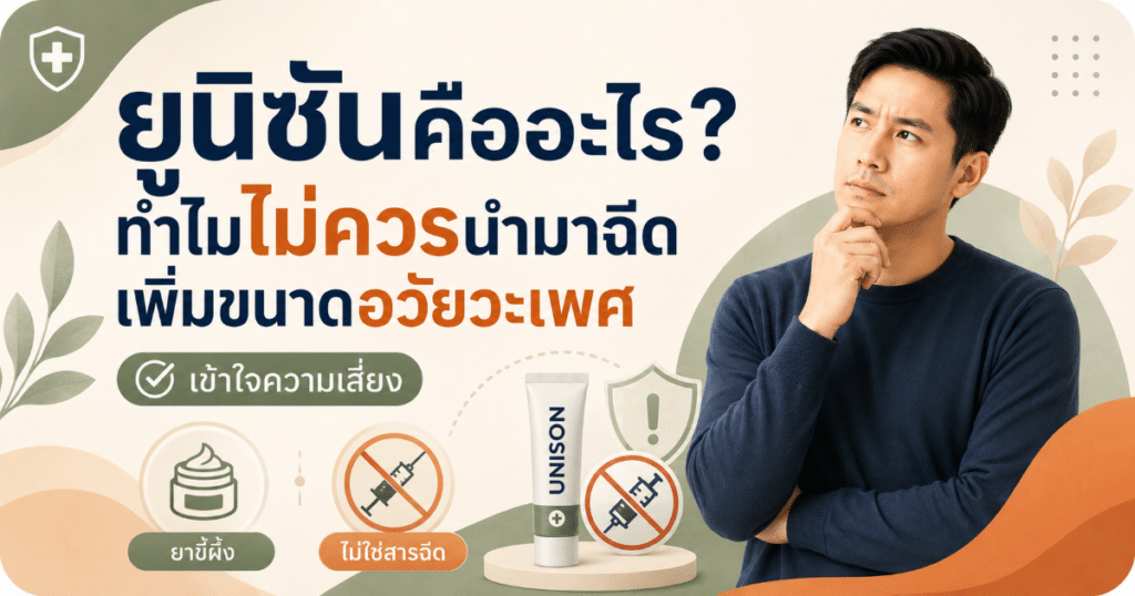 UNISON OINTMEN - eternityclinicdoctorbeer Thai health banner explaining what Unison is and why injecting to enlarge genitalia is unsafe, featuring a thinking man and risk icons.