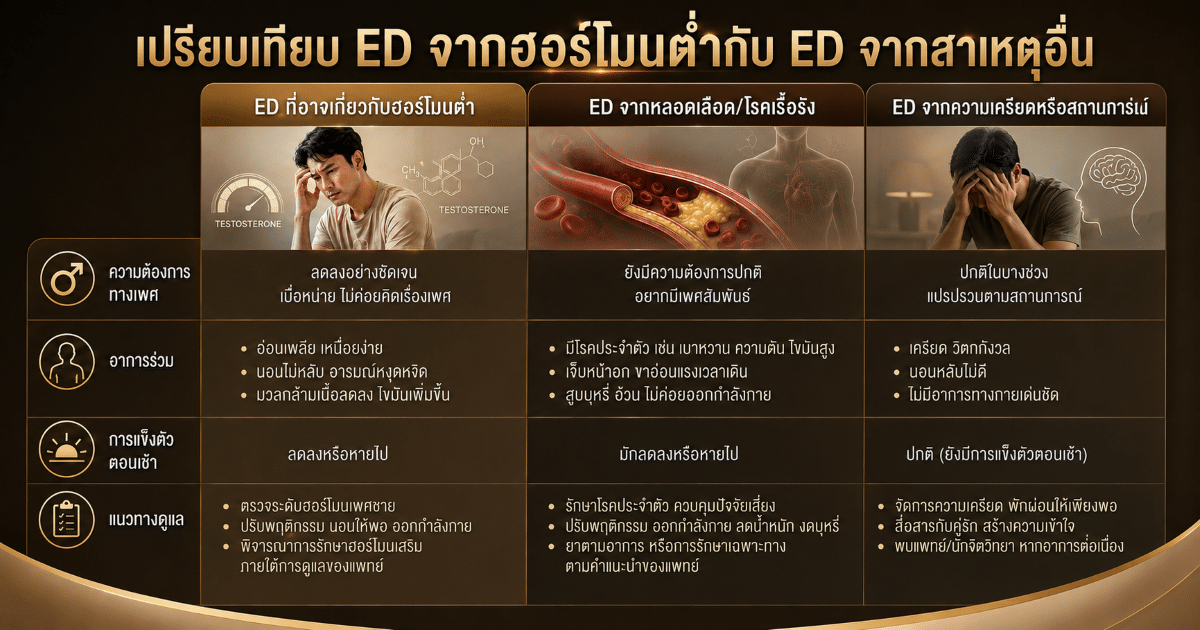 เปรียบเทียบ ED จากฮอร์โมนต่ำกับ ED จากสาเหตุอื่น