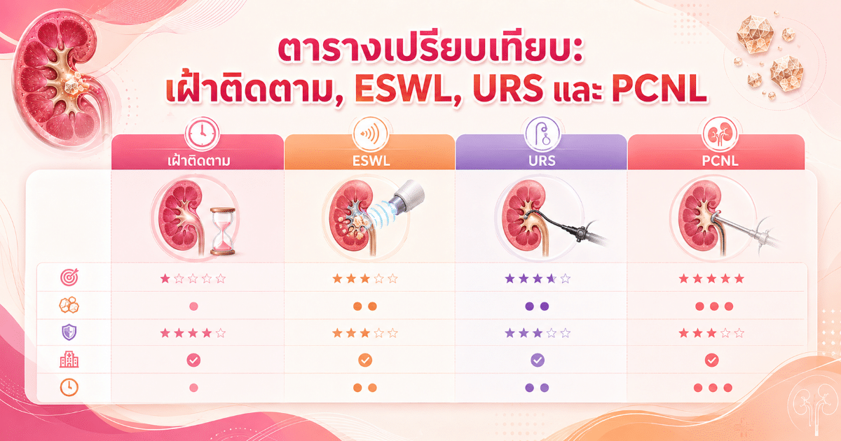 ตารางเปรียบเทียบ: เฝ้าติดตาม, ESWL, URS และ PCNL
