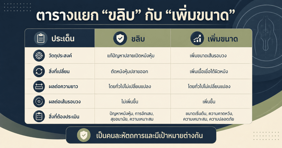 ตารางแยก “ขลิบ” กับ “เพิ่มขนาด”