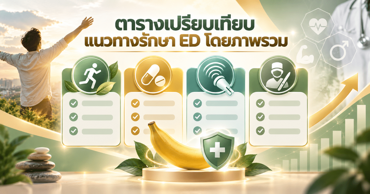 ตารางเปรียบเทียบแนวทางรักษา ED โดยภาพรวม