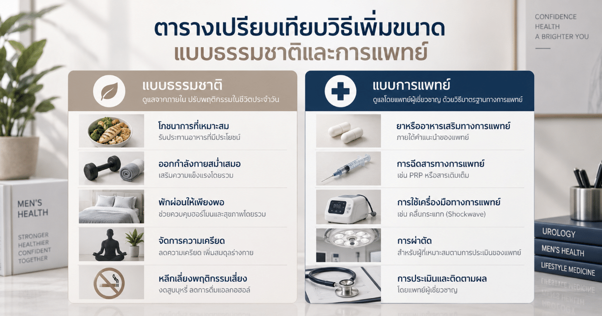 ตารางเปรียบเทียบวิธีเพิ่มขนาดแบบธรรมชาติและการแพทย์