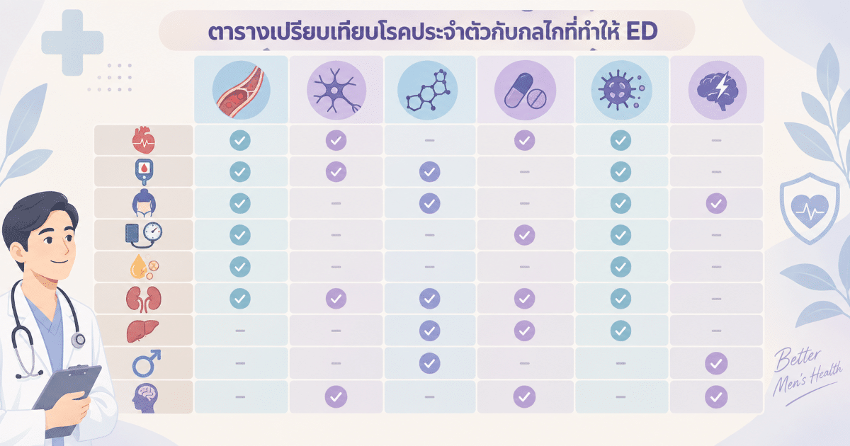 ตารางเปรียบเทียบโรคประจำตัวกับกลไกที่ทำให้ ED