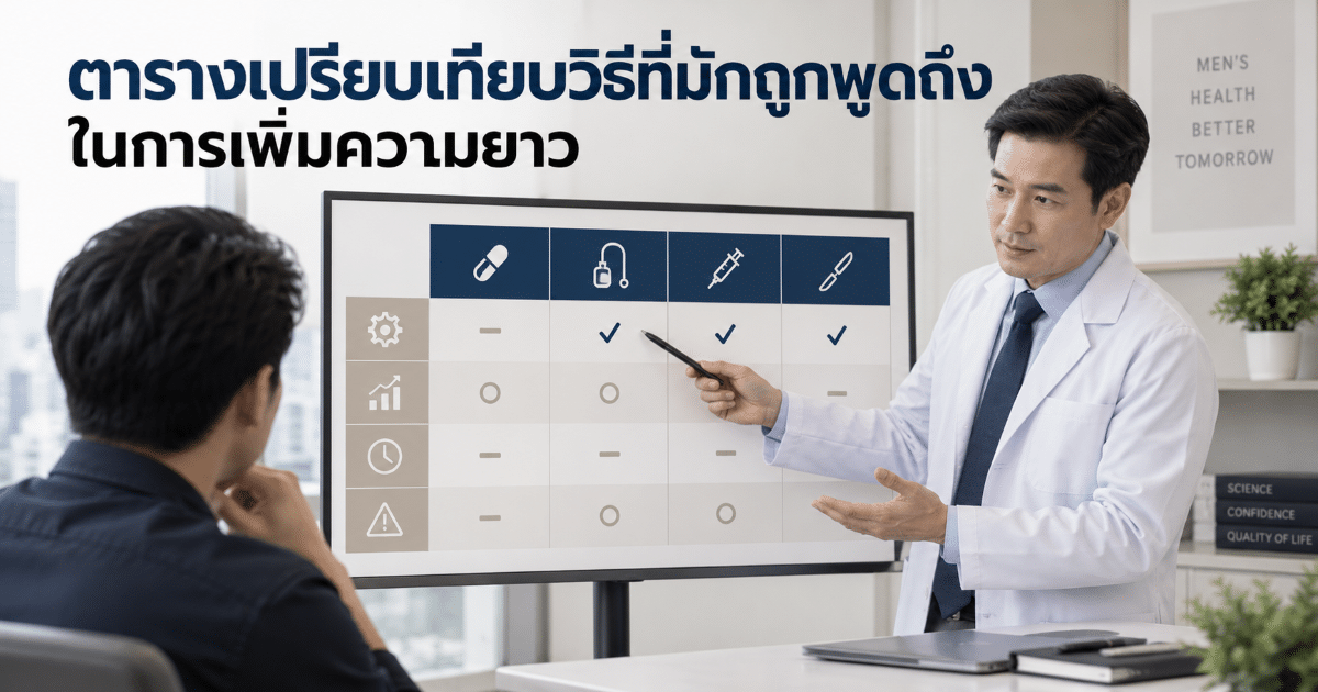 ตารางเปรียบเทียบวิธีที่มักถูกพูดถึงในการเพิ่มความยาว